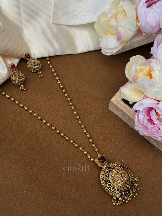 Antique Lakshmi Pendant Set with Red Stones