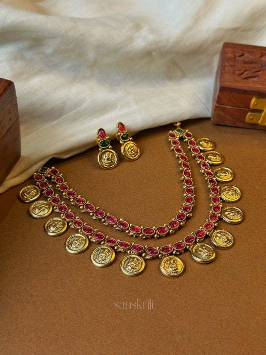 Ruby pink stone-coin double layer necklace